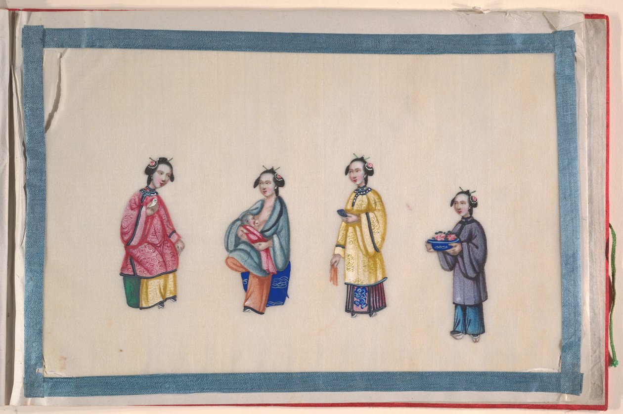 Albumi, 1800-luvun loppupuoli (kahdentoista lehden albumi; tussi ja väri piikkipaperille, sidottu punaiseen damastiin). tekijältä Chinese School