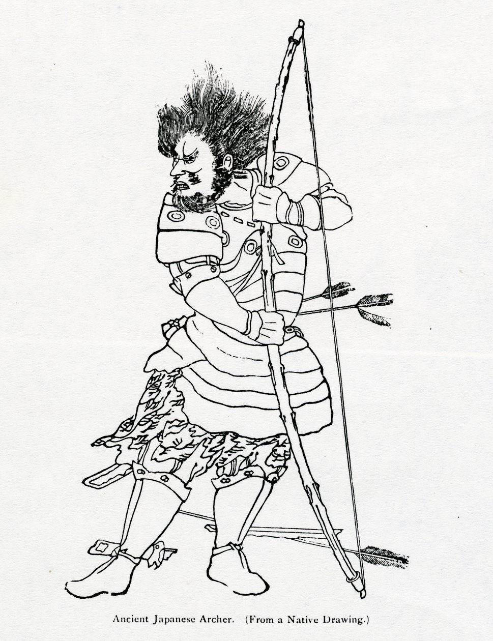 Muinainen japanilainen jousiampuja, kuvitus Marco Polon ja Rustichello da Pisan teoksesta "Marco Polon matka", Henry Yulen kääntämä, julkaistu ensimmäisen kerran 1871 tekijältä Chinese School