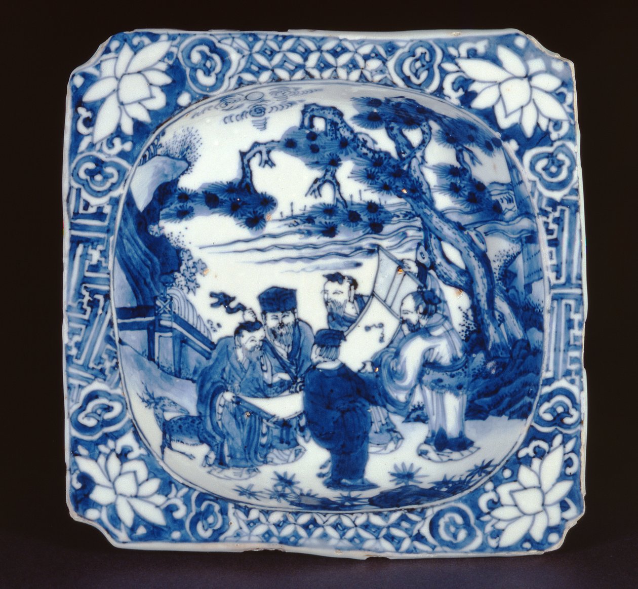 Sinivalkoinen kosometsuke-neliöastia, maalattu Shoulaolla ja muilla kuolemattomilla, Tianqi, 1621-27 (posliini) tekijältä Chinese School