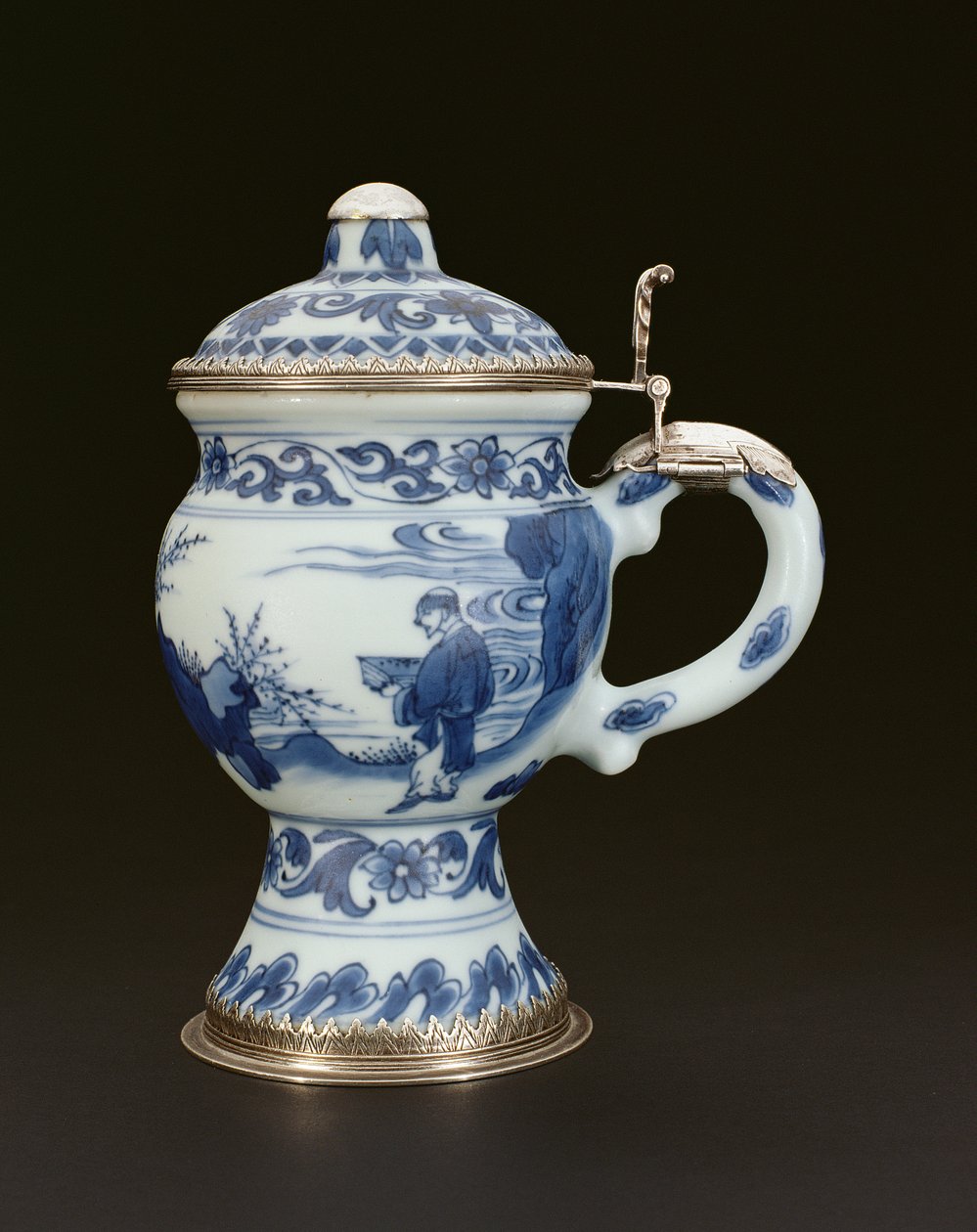Sinivalkoinen sinappiruukku, jonka kansi on maalattu tutkijan ja hoitajan kanssa, Chongzheng, 1635-40 (posliini) tekijältä Chinese School