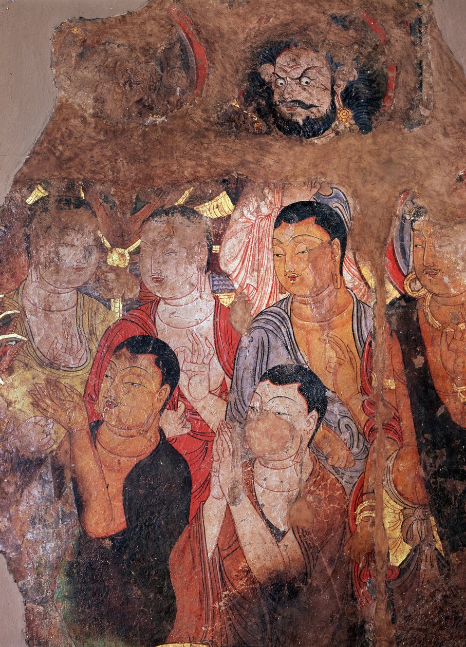 Buddhalaisuus: ""Munkkien ja bodhisattvojen ryhmä"" (tai bodhisatta) (Bodhisattvat ja munkit) Fragmentti freskosta 800-luvulta kiinalaisesta Shikshan luostarista. Mitat 144x101 cm Eremitaaši, Pietari tekijältä Chinese School