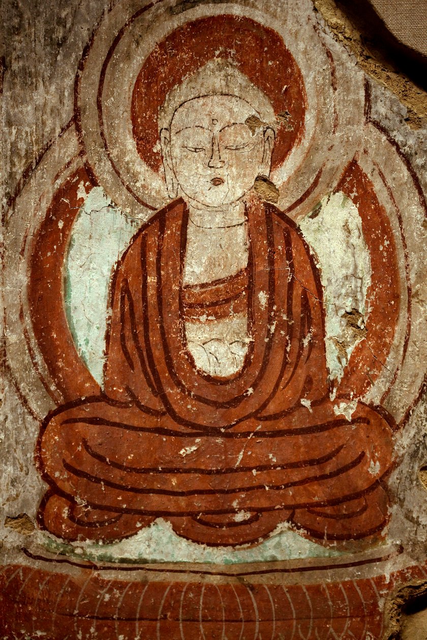 Buddha. Maalaus, kuvio tuhannen buddhan luolasta Tourfanissa (Kiina), luola 4 Yarkhoto, 800-luku. Korean kansallismuseo, Soul (Etelä-Korea). tekijältä Chinese School