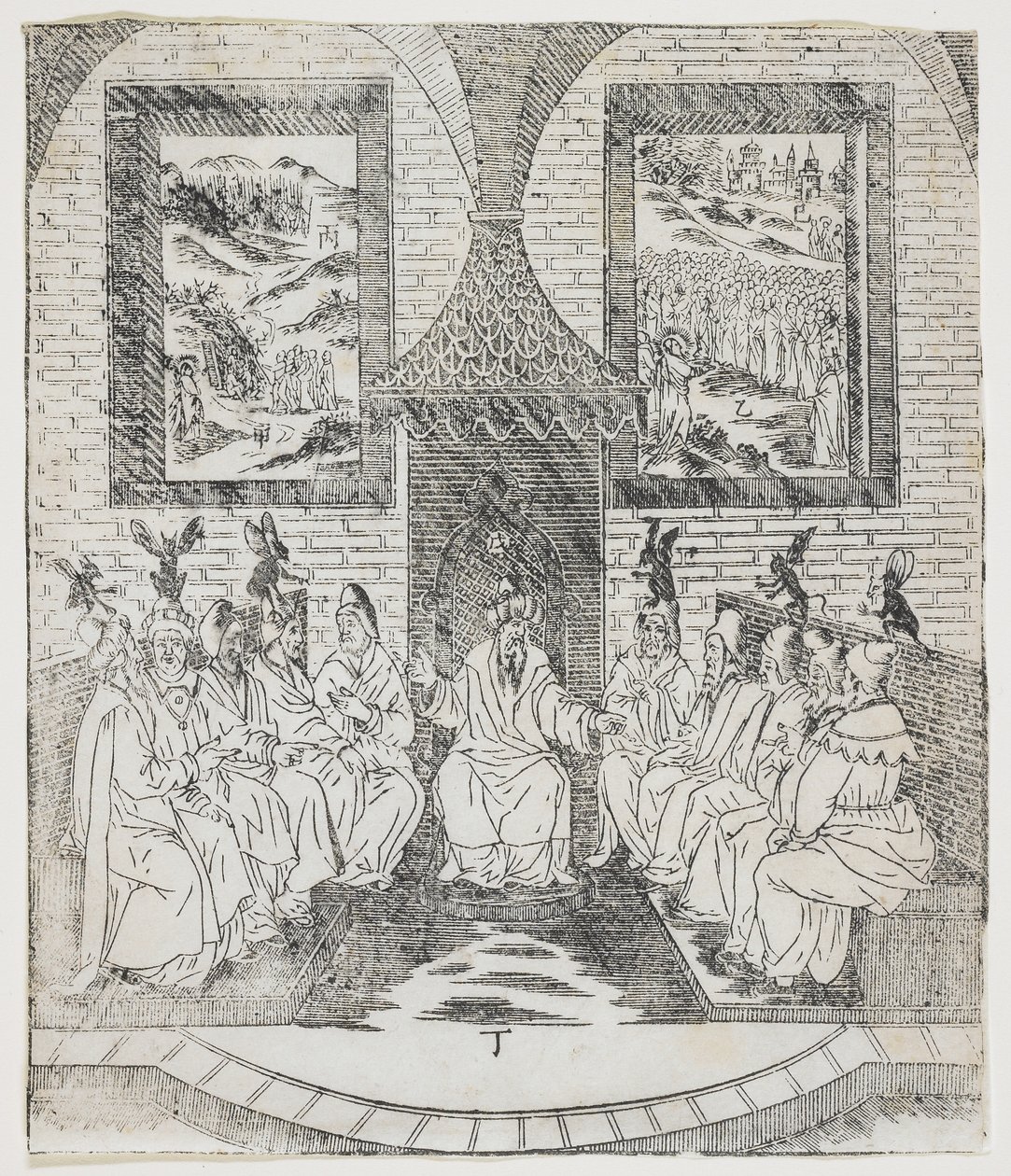 Kaifas ja vanhimpien neuvosto, lautanen Giulio Alenis Tianzhu Jiangsheng zhuxiang jingjie (Kuvitettu historia Taivaan Herrasta, joka tuli lihaksi), Jinjiangin kirkko, Fuji tekijältä Chinese School