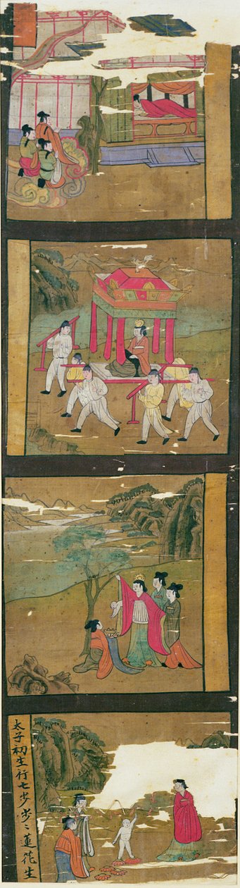 Ch.Lv.0010 Kohtauksia Buddha-elämästä, Tunhuang, 7.-8. vuosisata, (maalaus silkkibannerille) tekijältä Chinese School