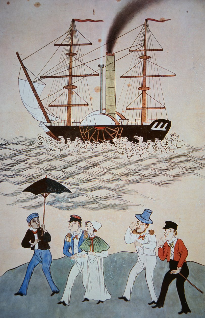 Kiinalainen maalaus ensimmäisestä brittiläisestä höyrylaivasta ja kantoniin laskeutuneista matkustajista n. 1840 (katso myös 268028) tekijältä Chinese School