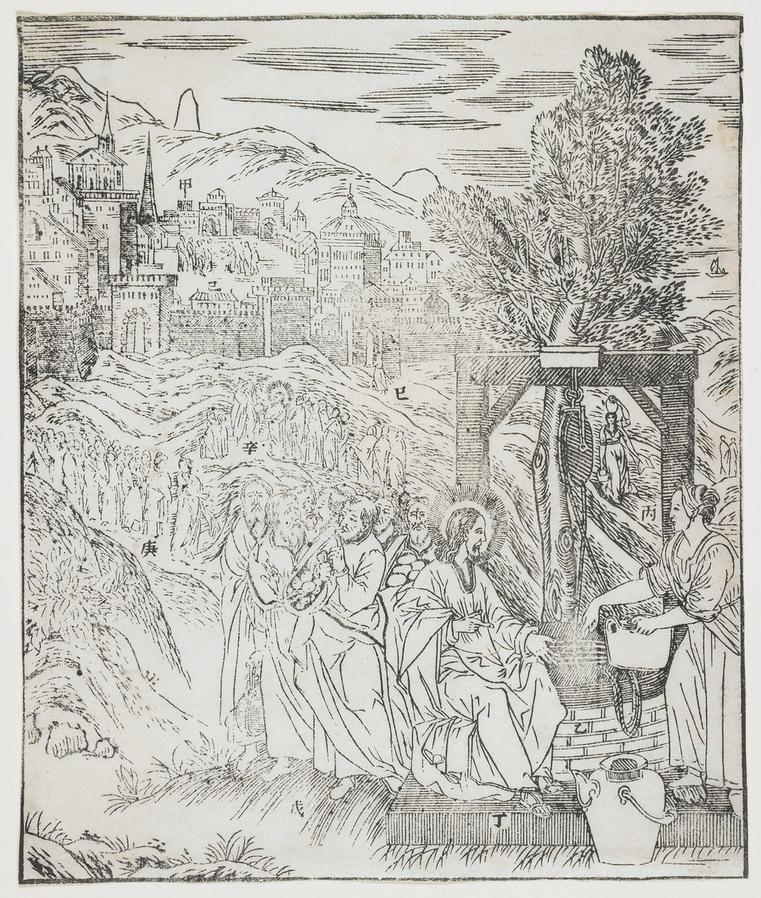 Christ at the Well, lautanen Giulio Alenis Tianzhu jiangsheng zhuxiang jingjie (kuvitettu historia taivaan herrasta, joka tuli lihaksi), Jinjiangin kirkko, Fujianin maakunta, Chi tekijältä Chinese School