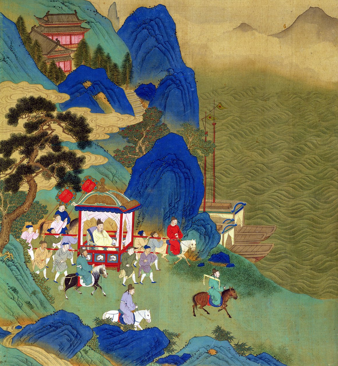 Keisari Chin Wang Ti (221-206 eKr.) matkustamassa palankiinissa Kiinan keisarien historiasta (väri silkillä) tekijältä Chinese School
