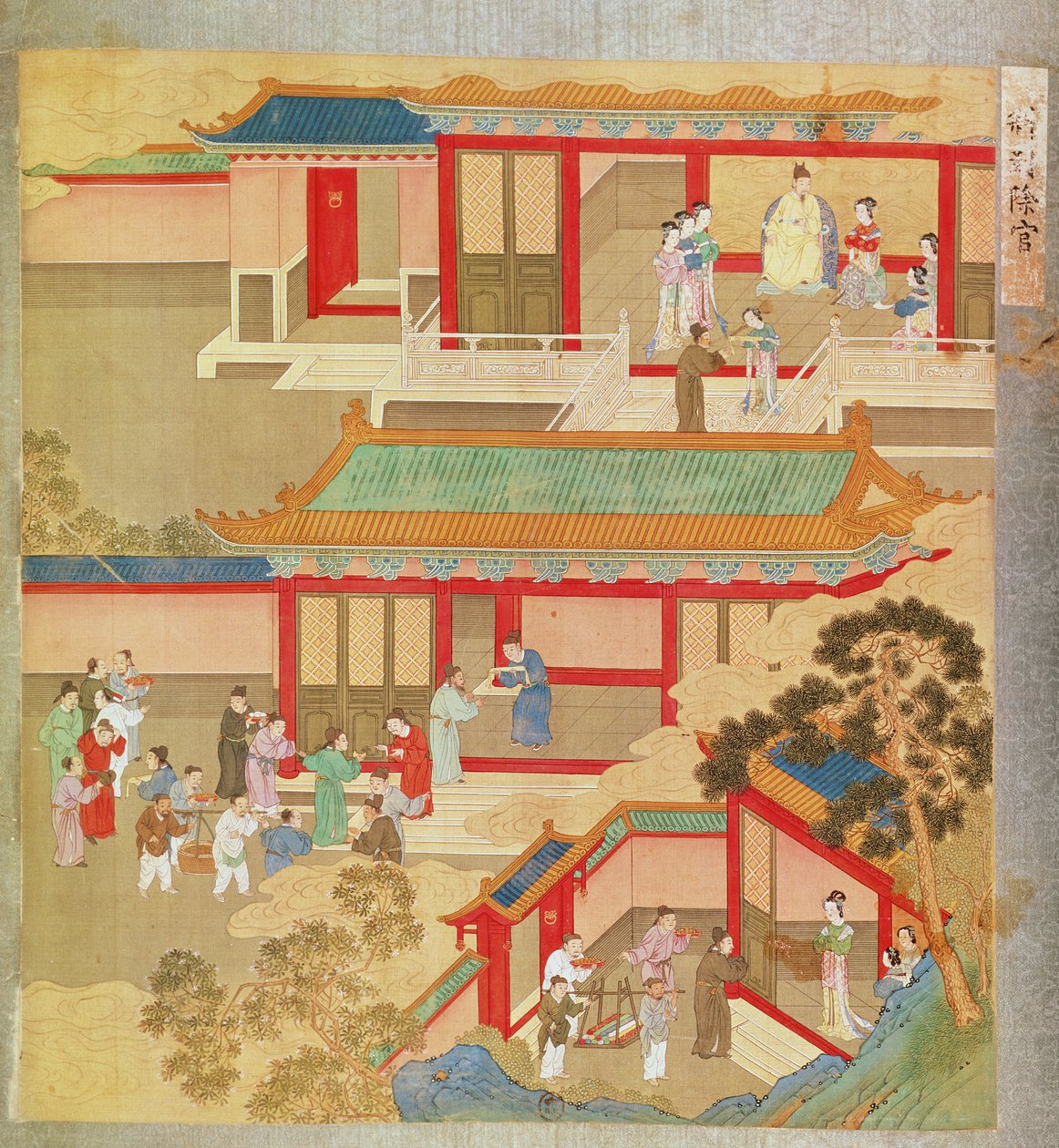 Keisari Hsuan Tsung (712-756 jKr) kotona, Kiinan keisarien historiasta (väri silkillä) tekijältä Chinese School