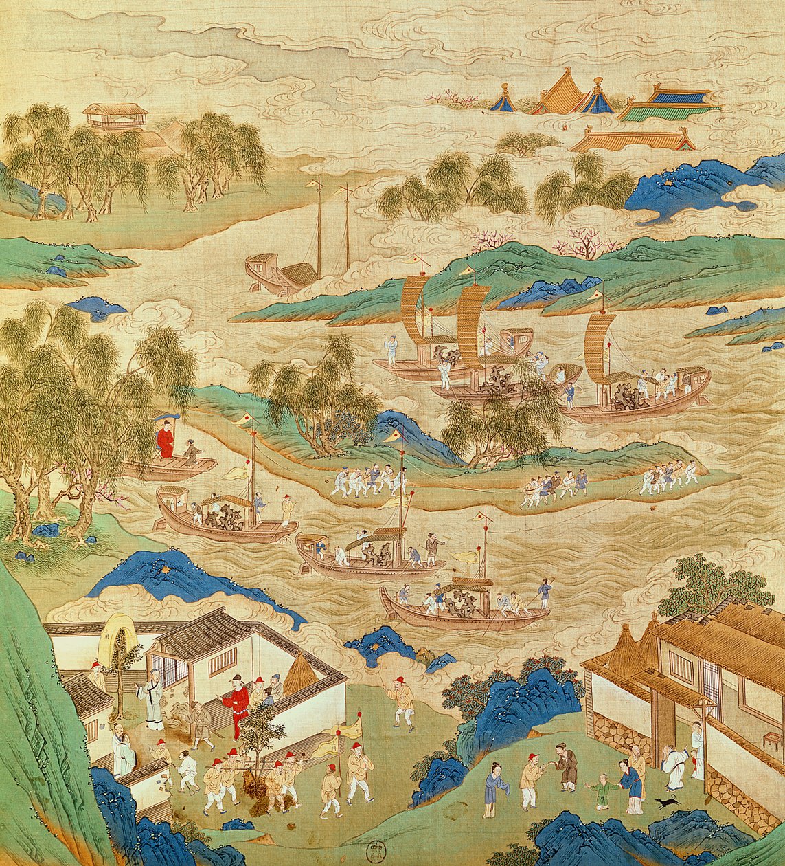 Keisari Hui Tsung (r.1100-26) kuljettaa lävistettyjä kiviä ja oudon muotoisia puita, teoksesta History of the Emperors of China (väri silkille). tekijältä Chinese School