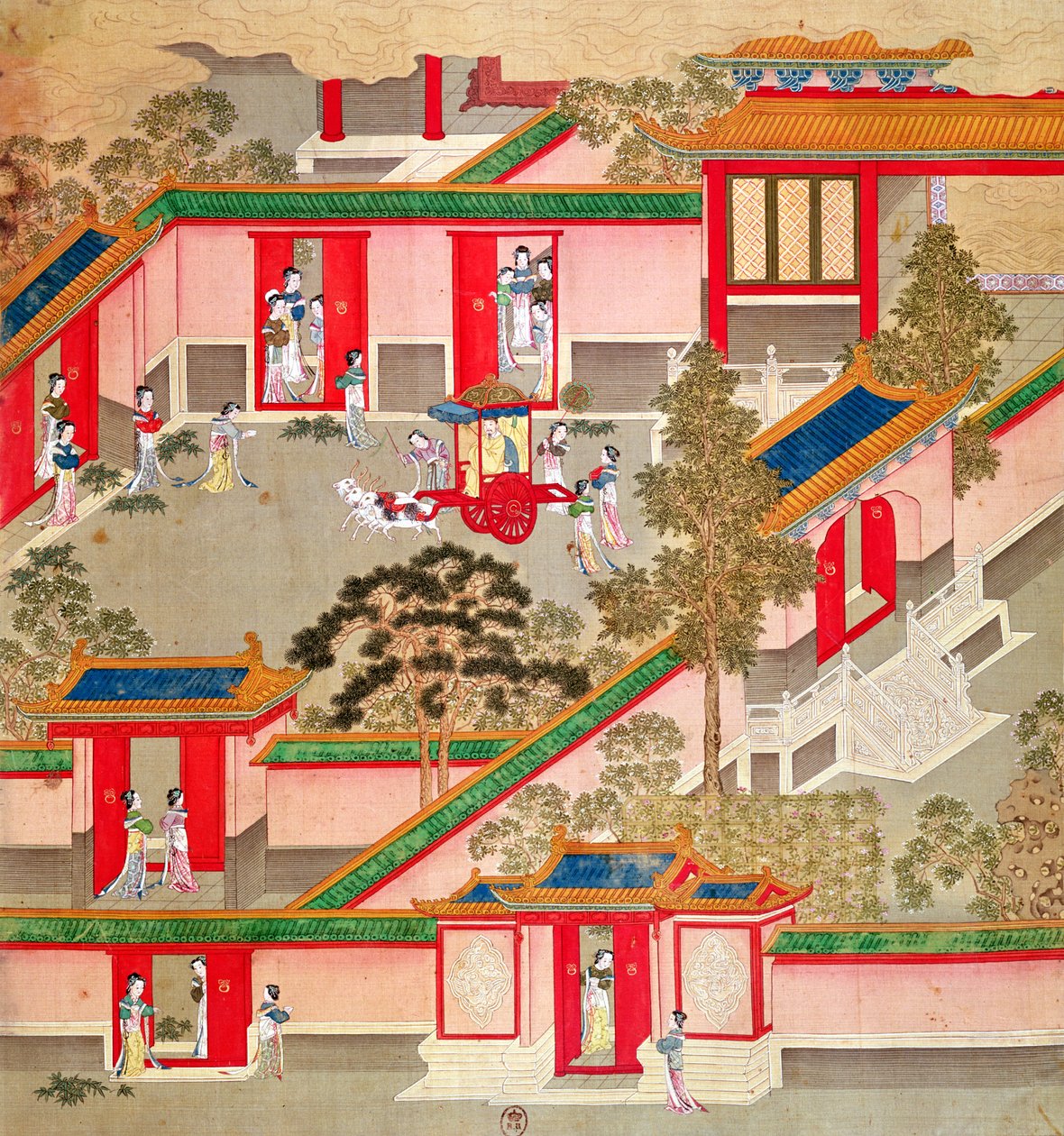 Keisari Wu Ti (156-87, r.141-87 eKr.), jättää palatsinsa Kiinan keisarien historiasta (väri silkillä) tekijältä Chinese School