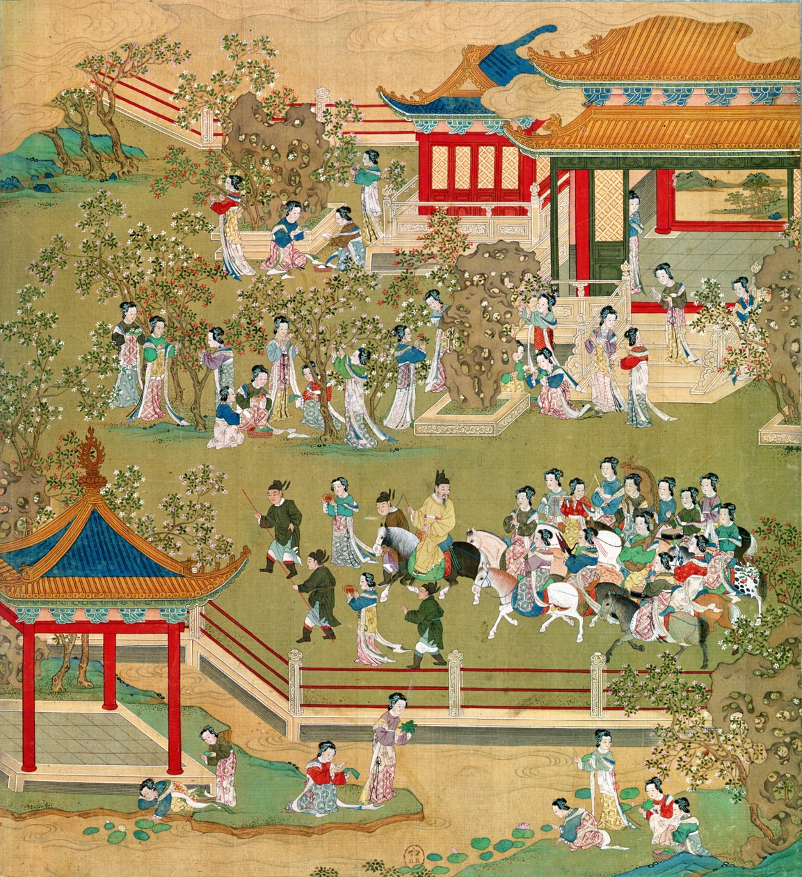 Keisari Yang Ti (581-618) kävelee puutarhassaan vaimoineen Kiinan keisarien historiasta (väri silkillä) (katso myös 176855) tekijältä Chinese School
