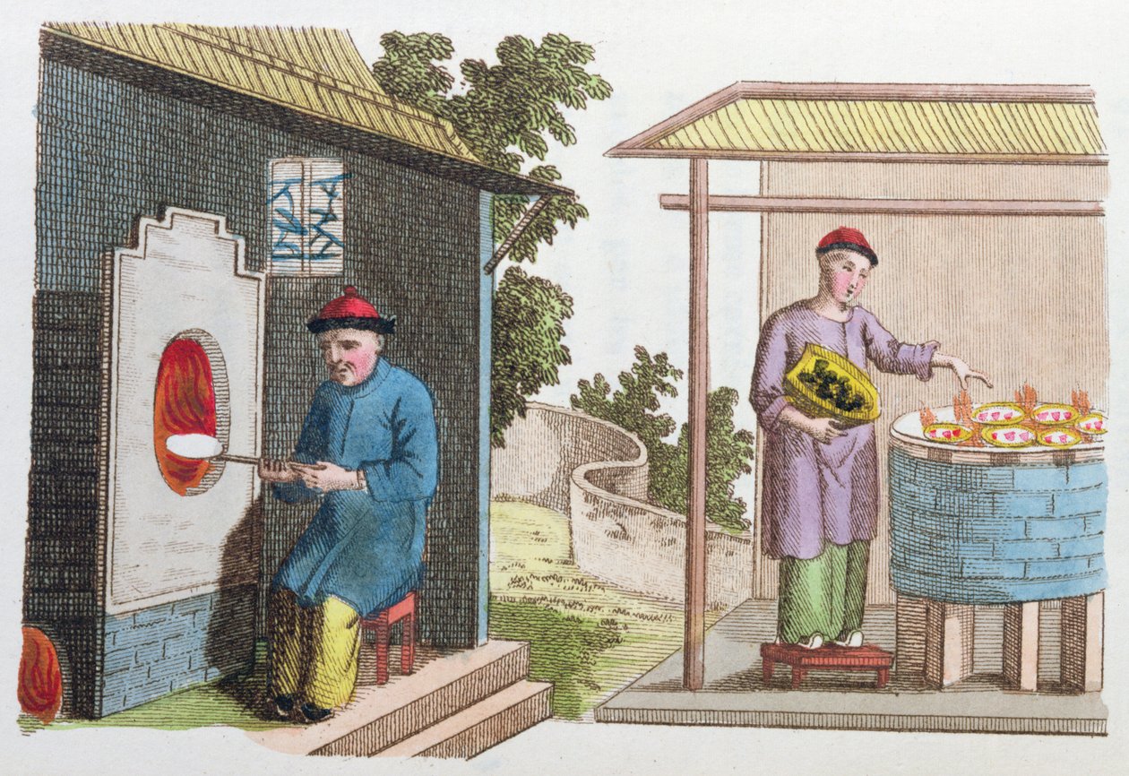 Posliinin poltto Kiinassa 1700-luvun lopulla, teoksesta La Chine en Miniature, J.B. Breton, Pariisi, toimittanut Nepveu, 1811 (värikaiverrus) tekijältä Chinese School