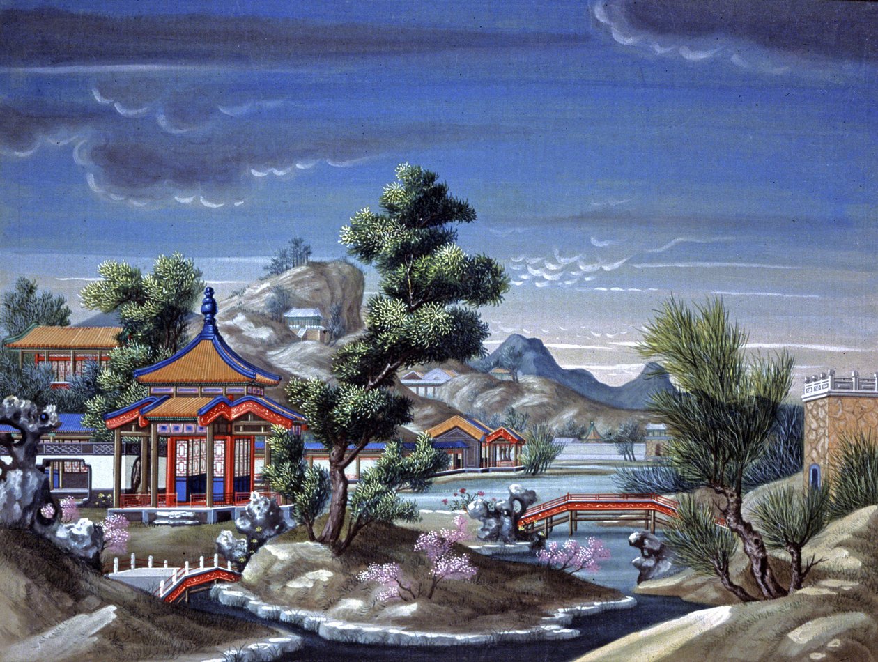 Maisema Kiinassa, n. 1850 (akvarelli silkillä) tekijältä Chinese School