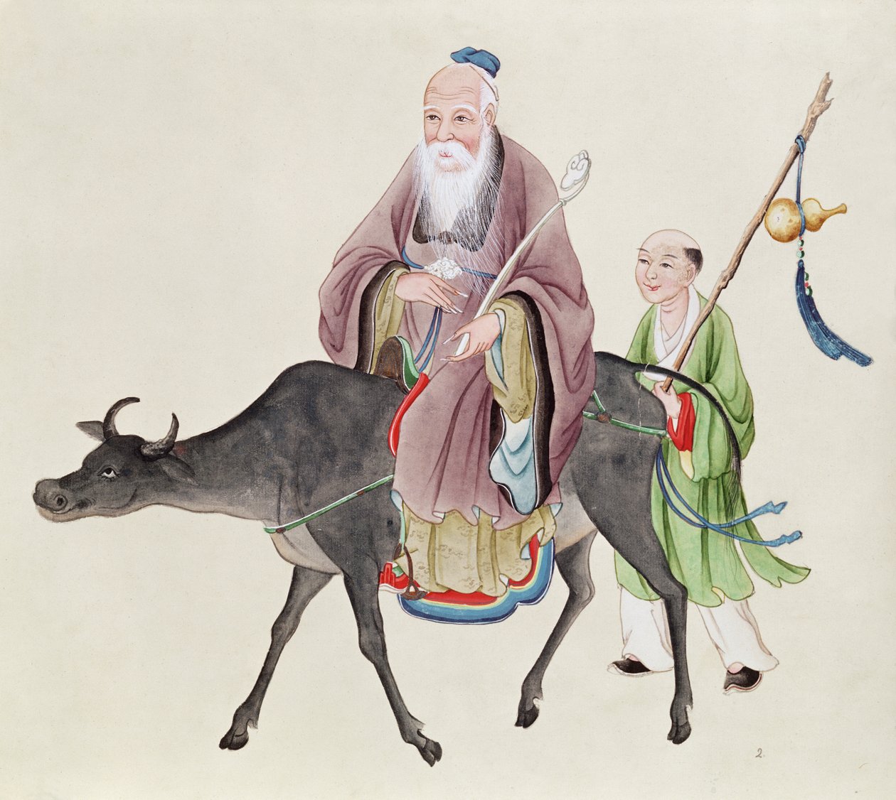 Lao-Tzu (n. 604-531) puhvelillaan, jota seuraa opetuslapsi (wc paperilla) tekijältä Chinese School