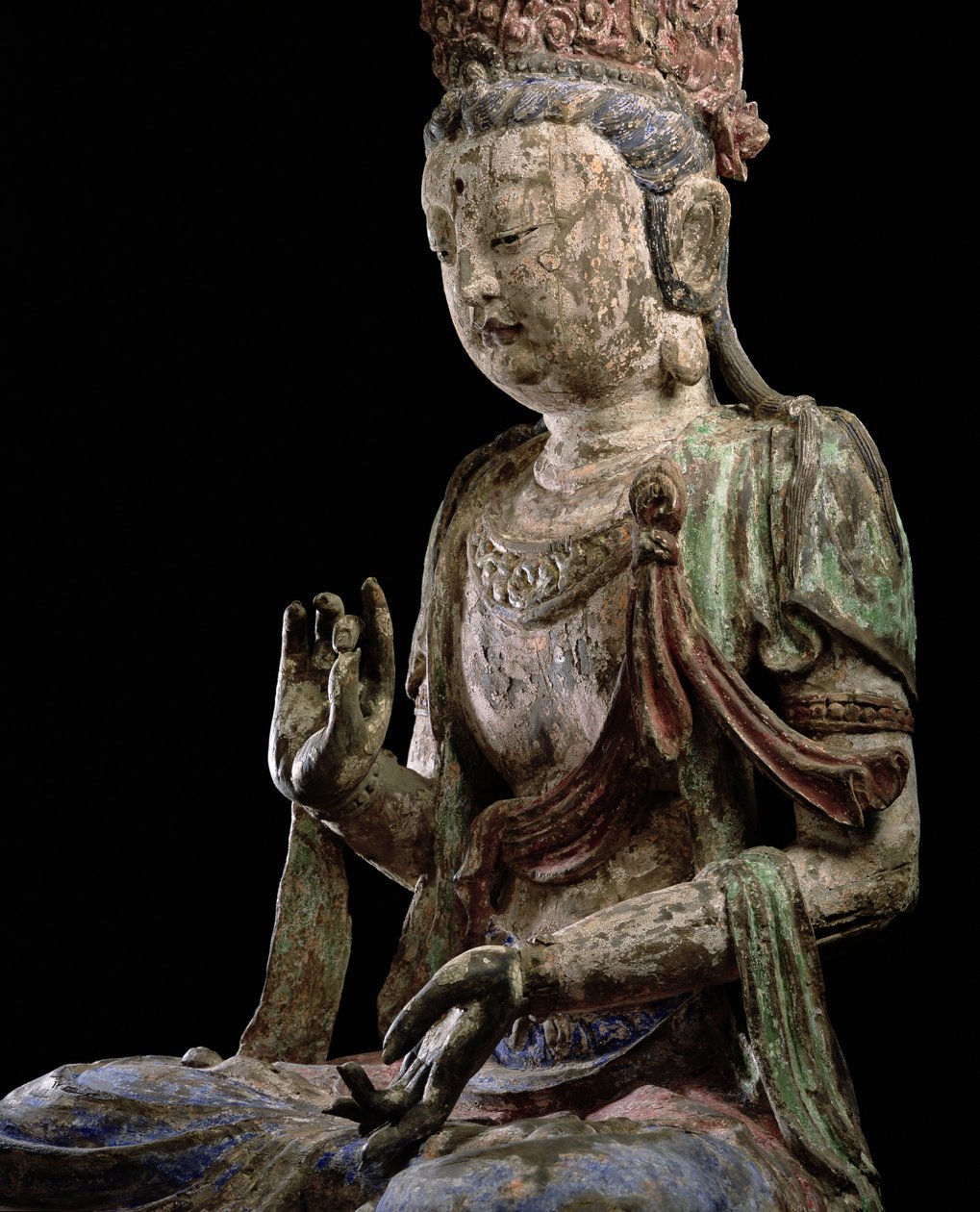 Suuri istuva bodhisattva kädet ylhäällä, Jin-dynastia (1115-1234) (puu ja pigmentti) (yksityiskohta) (katso 206546) tekijältä Chinese School