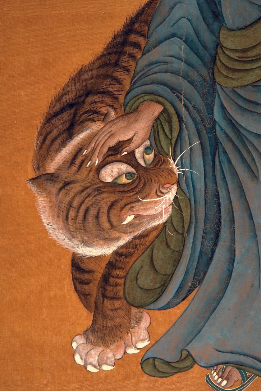 Lohan tiikerin kanssa, 1700-luvun lopusta 1800-luvun alkuun (väri silkillä) tekijältä Chinese School