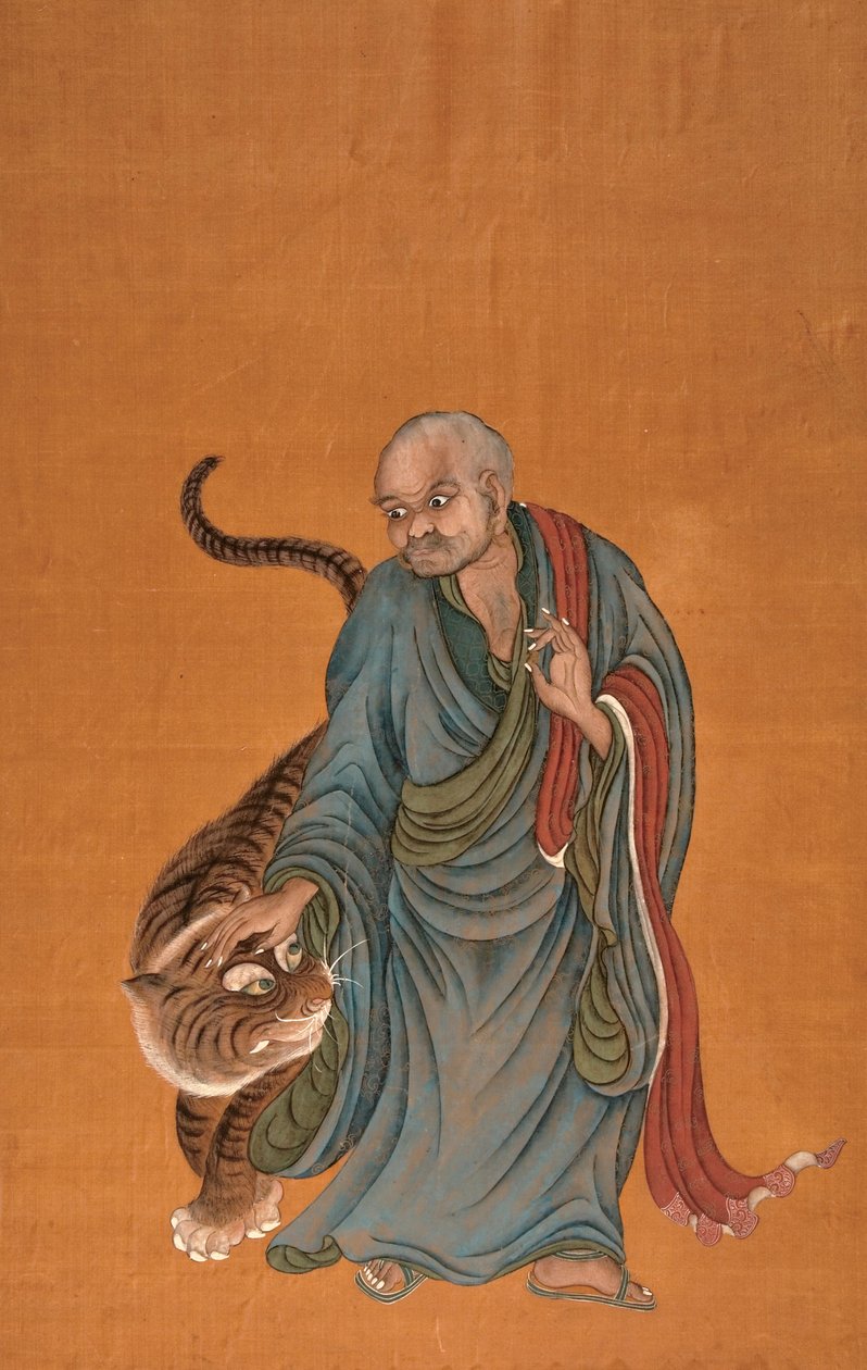 Lohan tiikerin kanssa, 1700-luvun lopusta 1800-luvun alkuun (väri silkillä) tekijältä Chinese School