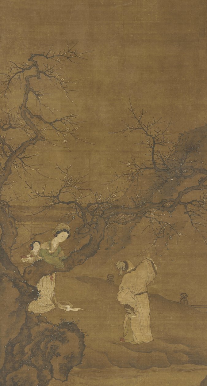 Mies ja nainen nauttivat luumunkukista, Ming- tai Qing-dynastia, 1400-1700-luku tekijältä Chinese School