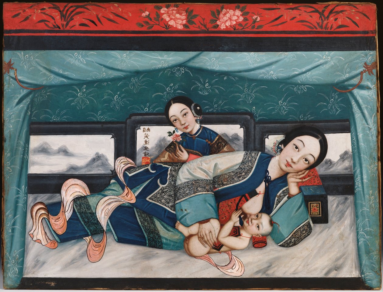 Imettävät äidit vauvojen kanssa ja naishoitaja, n. 1870 tekijältä Chinese School