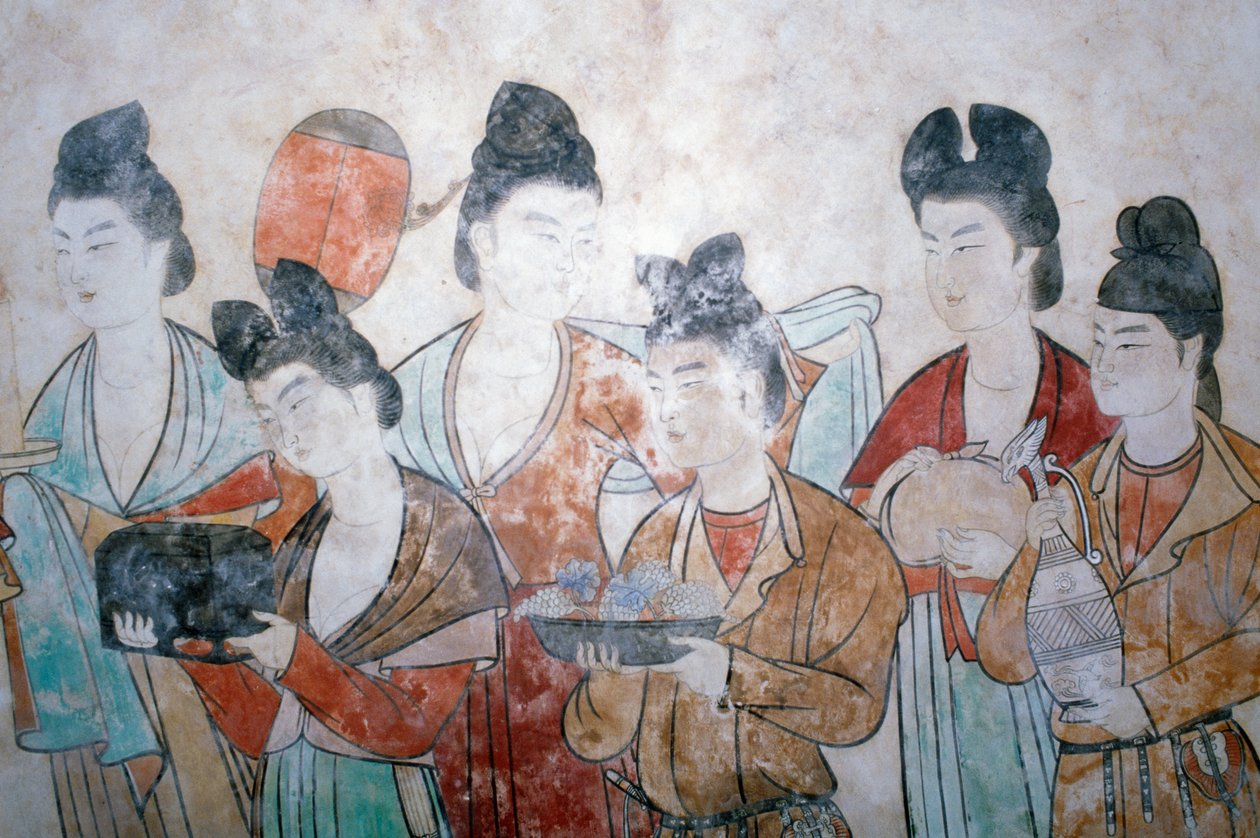 Lahjojen tarjoaminen, seinämaalaus Wu Tse Tienin haudasta, Chienin haudat, Tang-dynastia, Kiina, Shan Xi, 800-luku tekijältä Chinese School