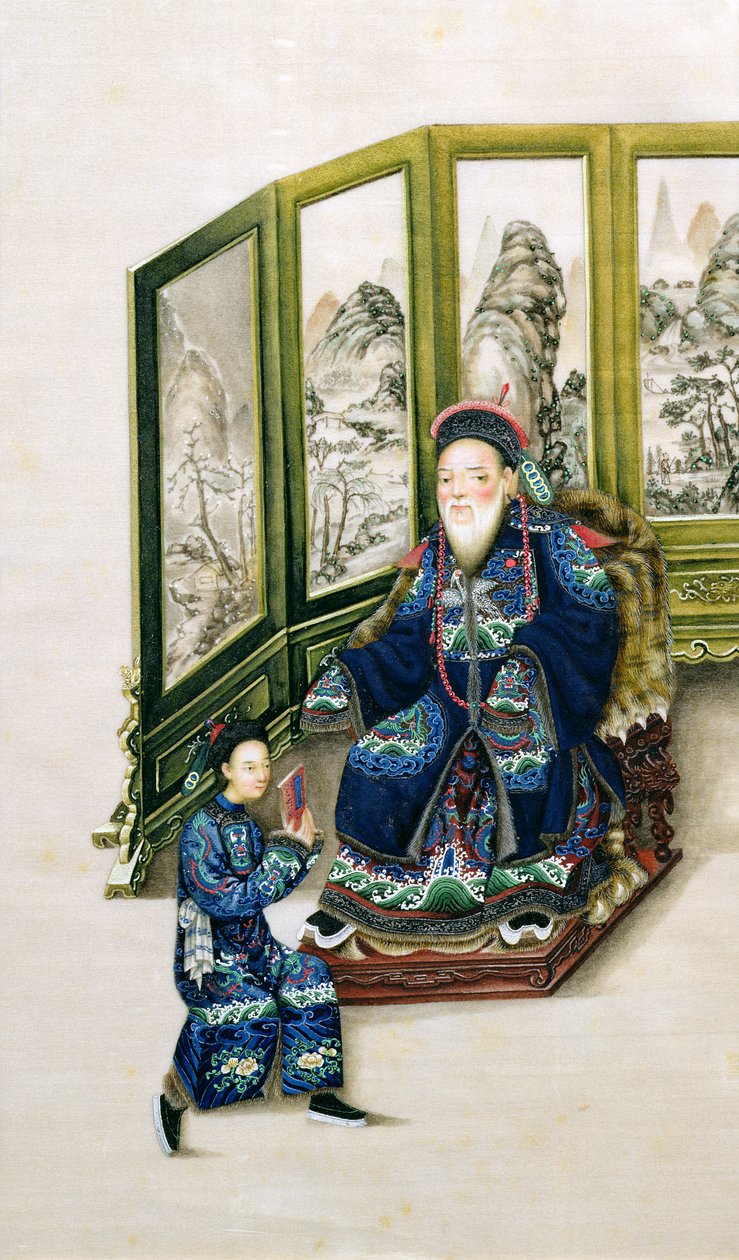 Vanha mies istuu palvelijan kanssa lukemassa tekijältä Chinese School