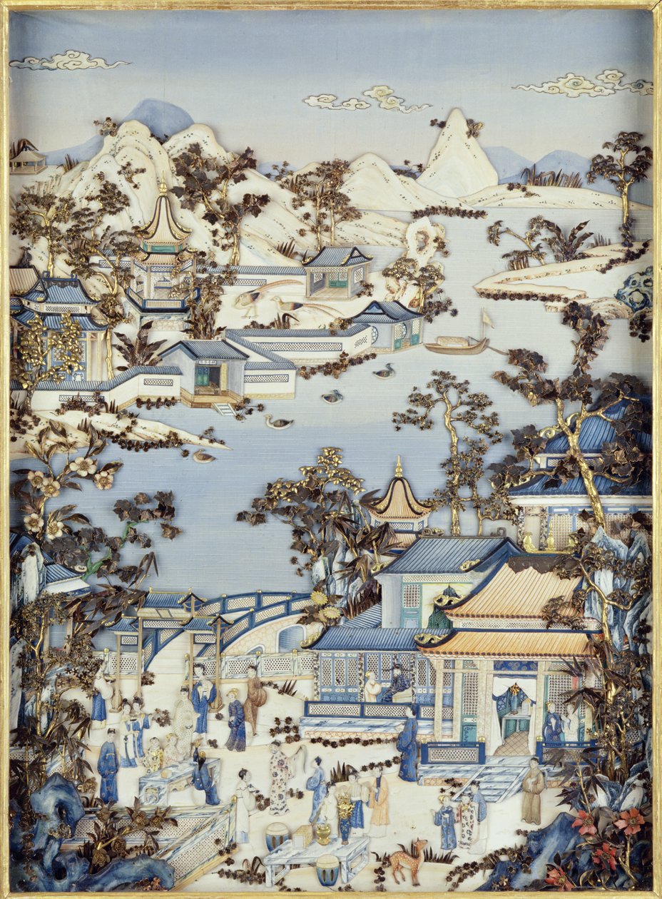 Paneelit, jotka kuvaavat hahmoja terassilla, Qianlong-kausi, 1736-95 (monivärinen norsunluu) (yksi parista) (katso 206571, 206573) tekijältä Chinese School