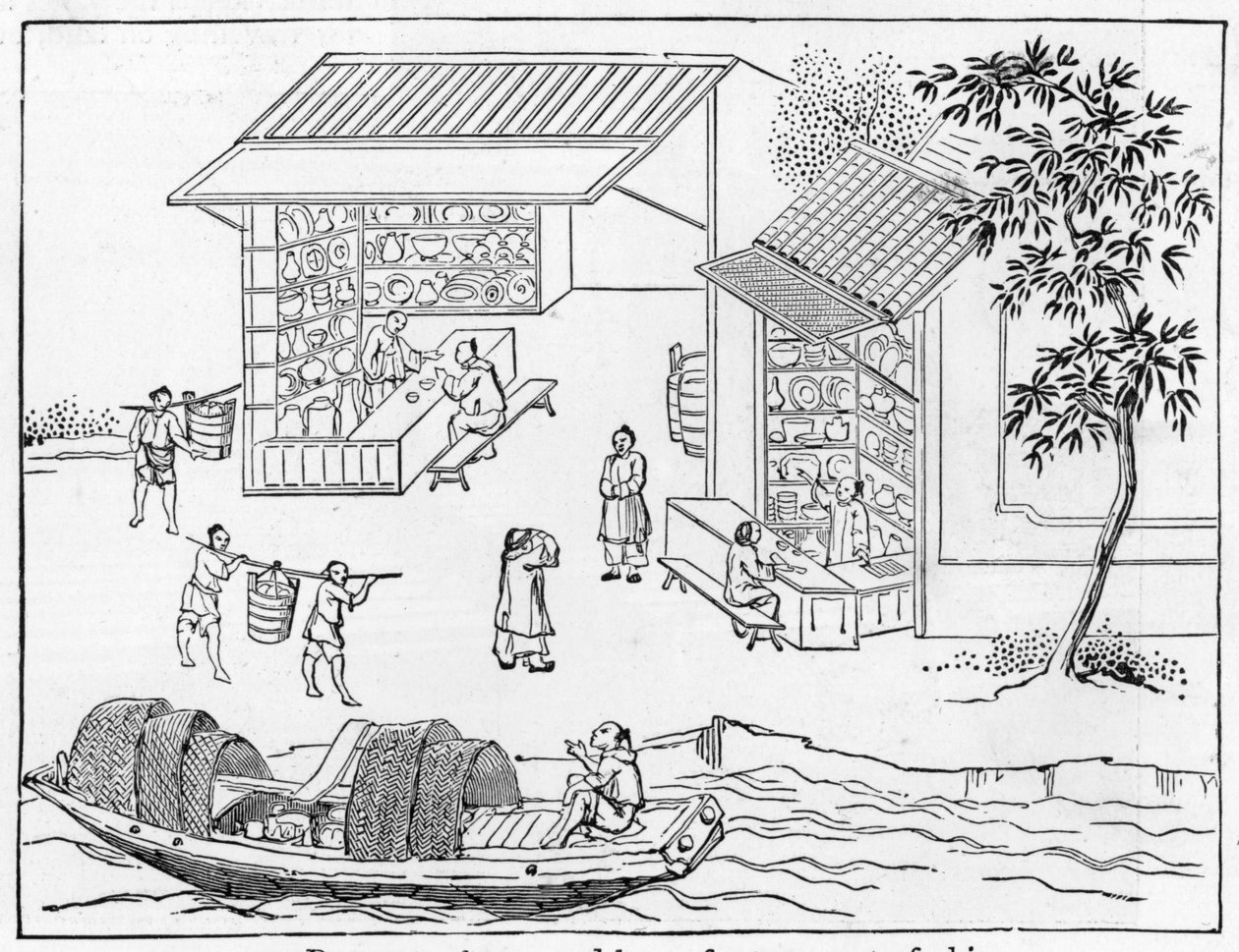 Posliiniliikkeet ja veneet posliinin kuljetukseen, sarjasta posliinin valmistusta käsitteleviä kuvia (katso koko sarja 384116 & 384117) tekijältä Chinese School