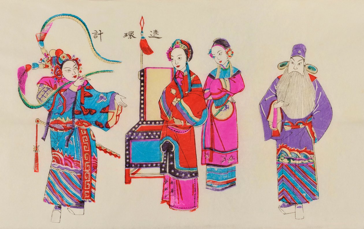 Printti kiinalaisen oopperan kohtauksesta (värillinen puupalikka paperille) tekijältä Chinese School