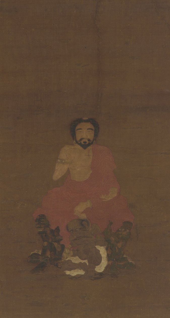 Sakyamuni istuu kolmen demonin kaltaisen olennon päällä, mahdollisesti Yuanin varhainen Ming-dynastia, 1300-1400-luku tekijältä Chinese School