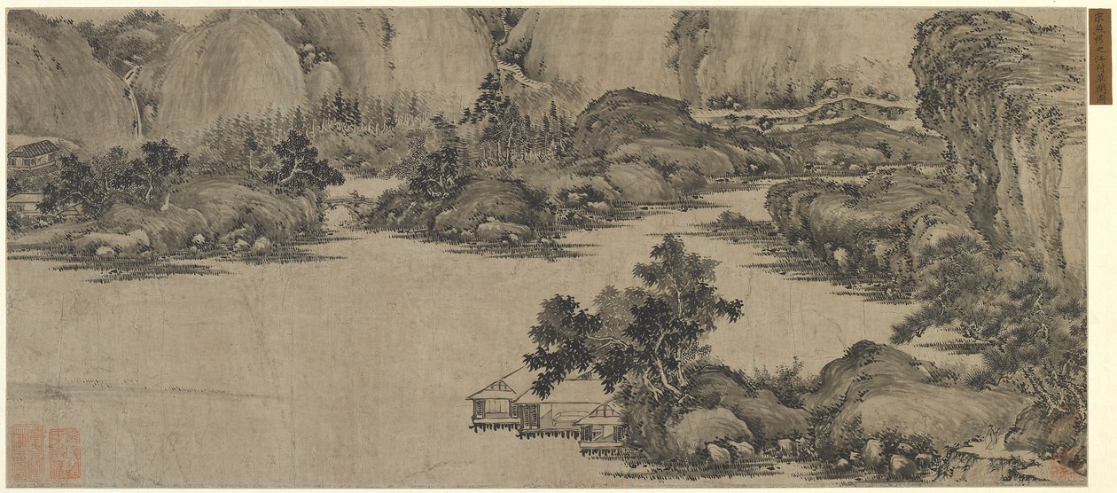 Scholars Retreat on the River, mahdollisesti Qing-dynastia (muste paperille) tekijältä Chinese School