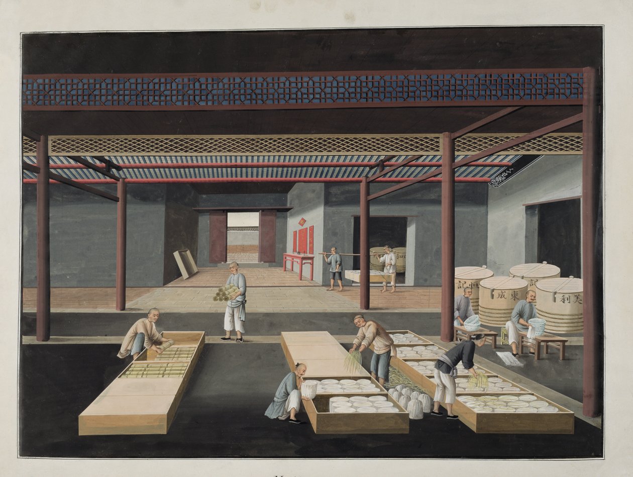 Kulhojen ja astioiden pakkaaminen ja pakkaaminen, lautanen 12 kahdentoista kappaleen sarjassa, joka kuvaa kiinalaisen posliinin valmistusprosessia, 1800-luku tekijältä Chinese School