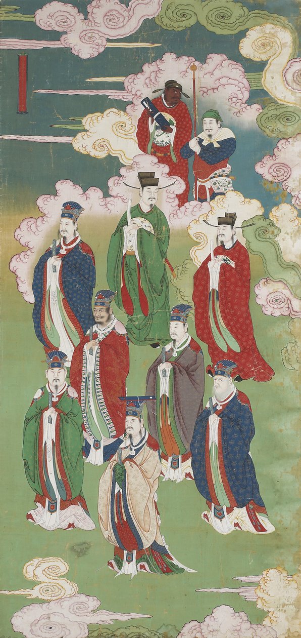 The Exalted Emperors ja The Gods of the Five Direction, buddhalaiselta maalta ja vesirituaalisetti (muste, värit ja kulta silkillä) tekijältä Chinese School