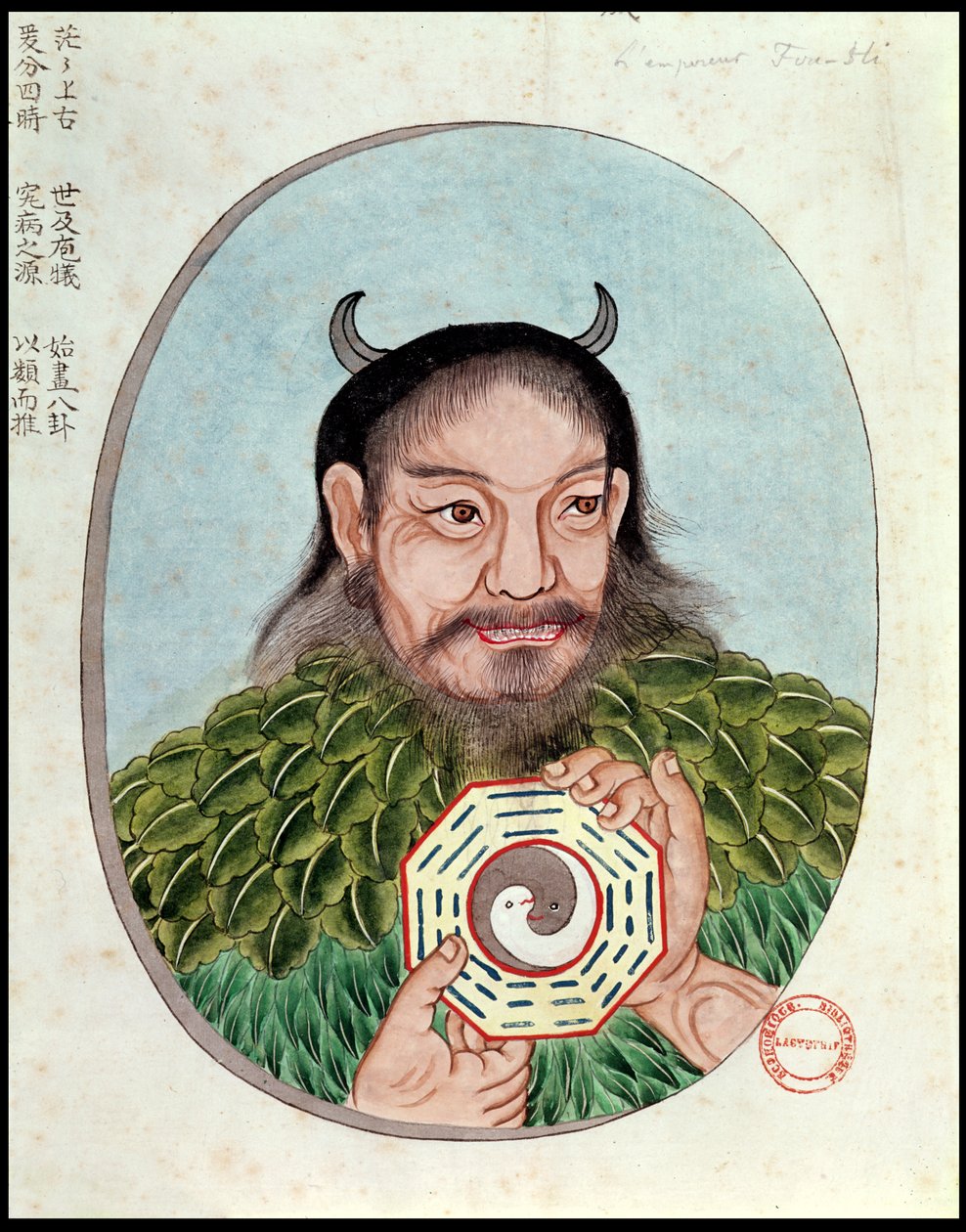 Legendaarinen keisari Fu-Hsi, kuvitus Pen Tsaosta, 1700-1800-luku tekijältä Chinese School