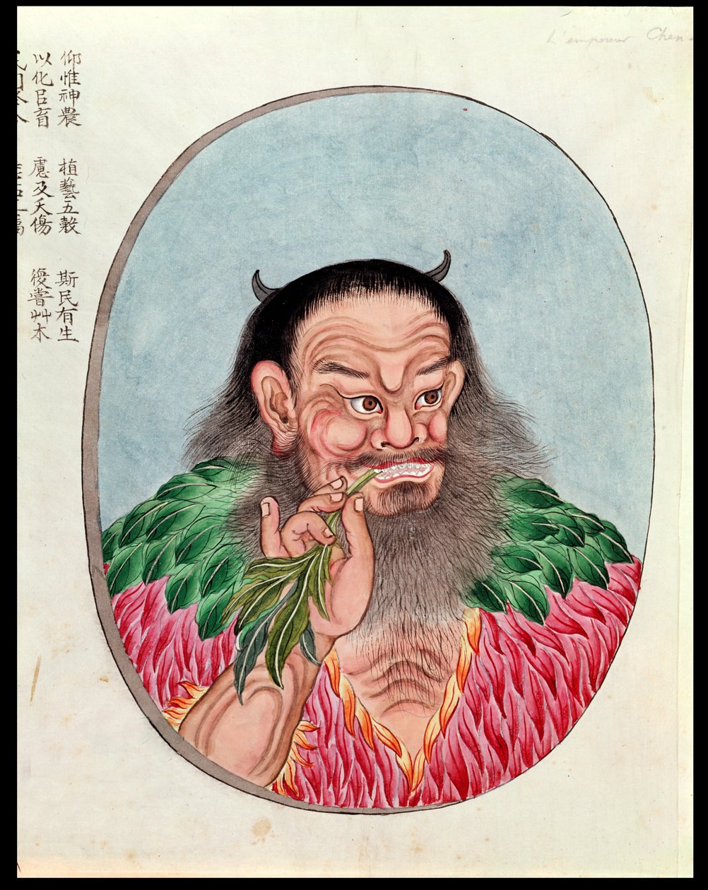 Legendaarinen keisari Shen-Nung, kuvitus Pen Tsaosta, 1700-1800-luku tekijältä Chinese School