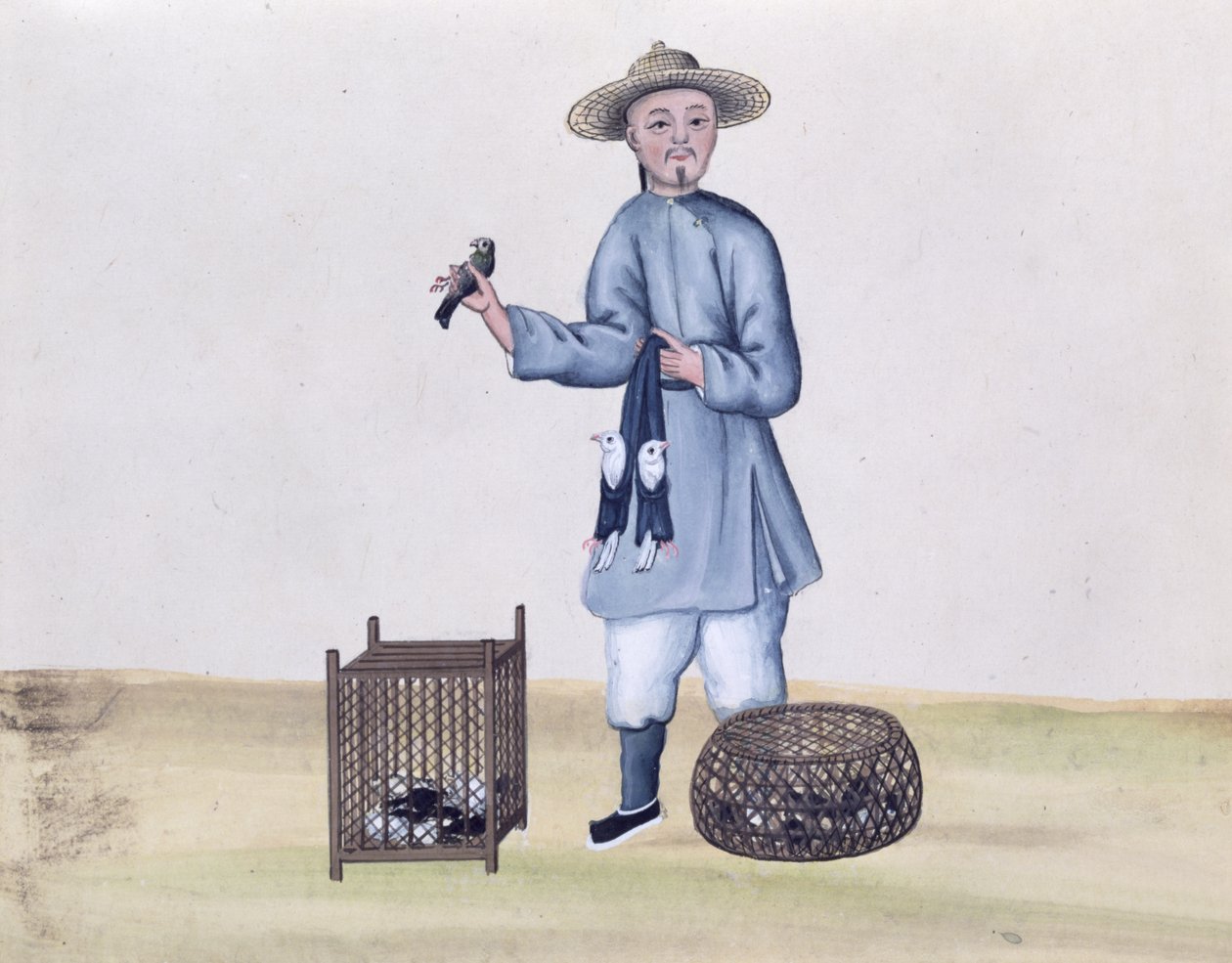The Pigeon Seller, kirjasta Pekingin katupuhelut, n. 1785 (wc ja guassi paperilla) tekijältä Chinese School