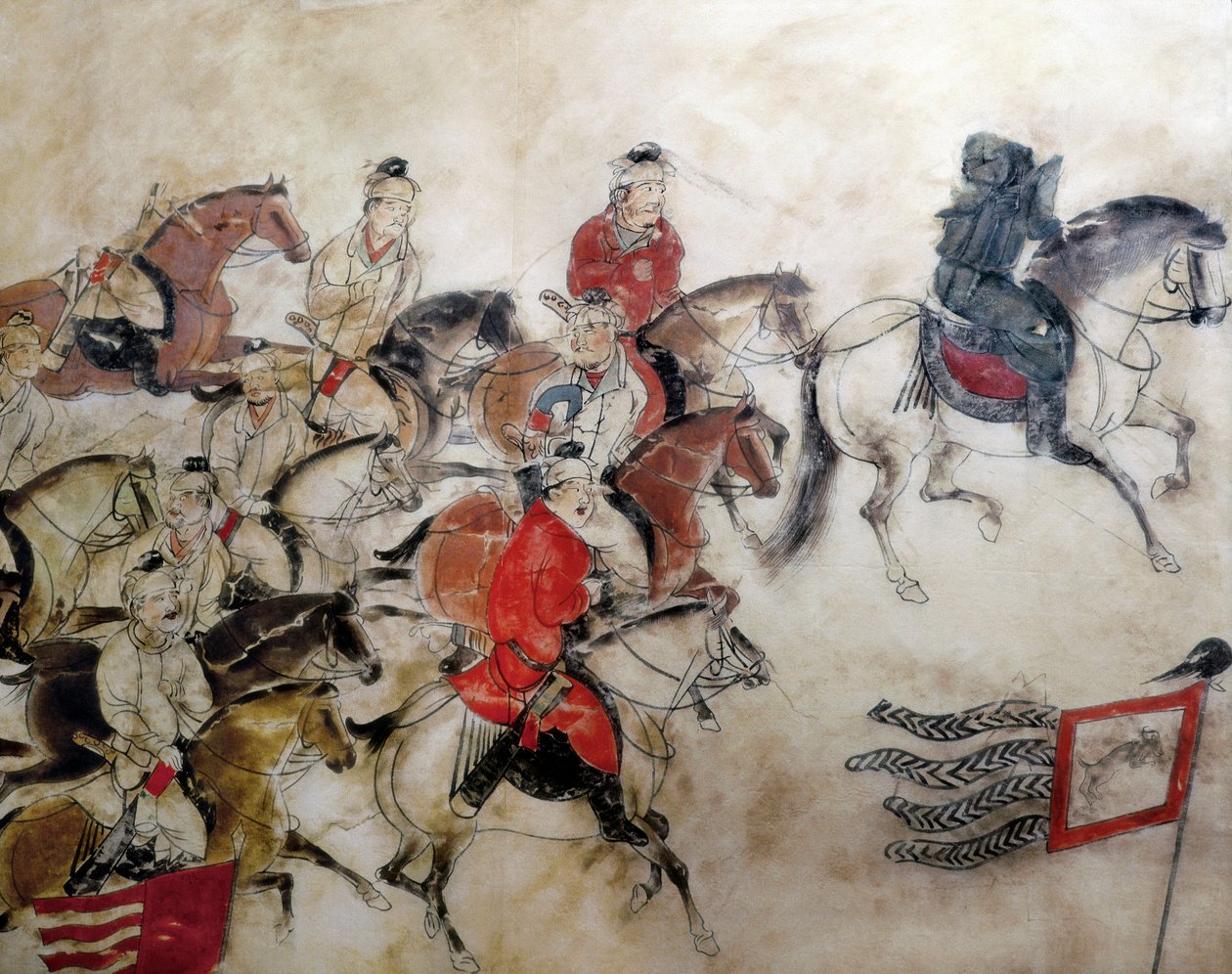 Prinssi Zhanghuain hauta, metsästyskohtaus hevosilla, Xian, Han-kausi, 706 (seinämaalaus) tekijältä Chinese School