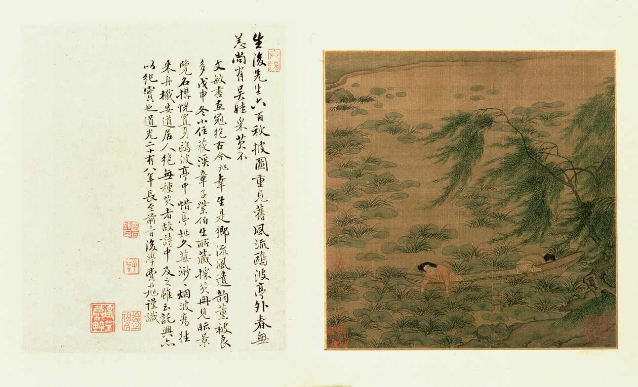 Kaksi tyttöä keräämässä vesikaltropeja veneestä tekijältä Chinese School