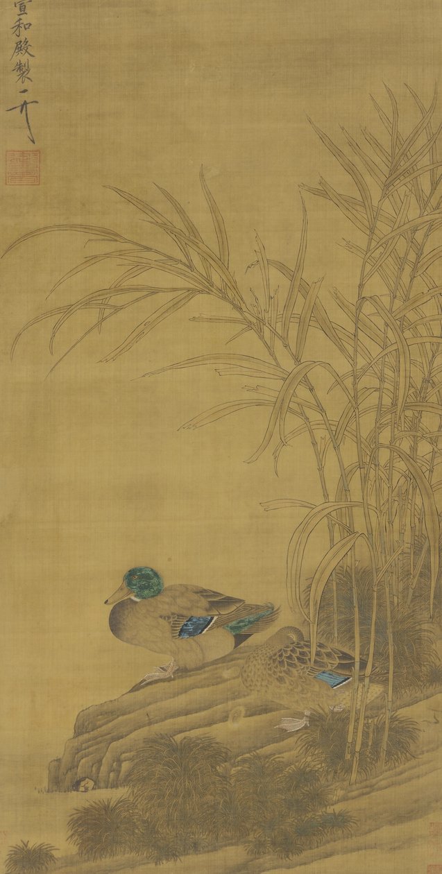 Kaksi ankkaa ruokojen keskellä veden äärellä, Ming- tai Qing-dynastia, 1400-1700-luku tekijältä Chinese School