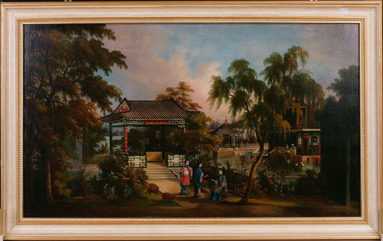 Näkymä Howquan puutarhaan Kantonissa naisten kanssa paviljongin luona, n. 1850 tekijältä Chinese School