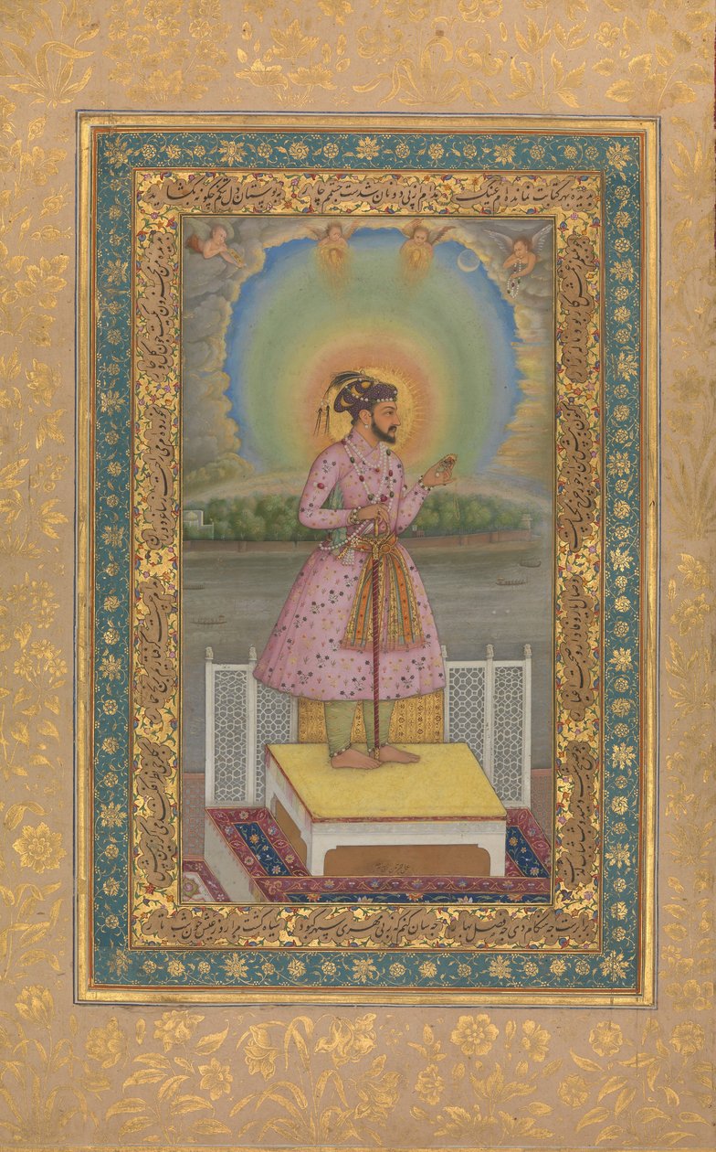 Shah Jahan terassilla, pitelee riipussarjaa muotokuvansa kanssa, Folio..., 1627-28. tekijältä Chitarman