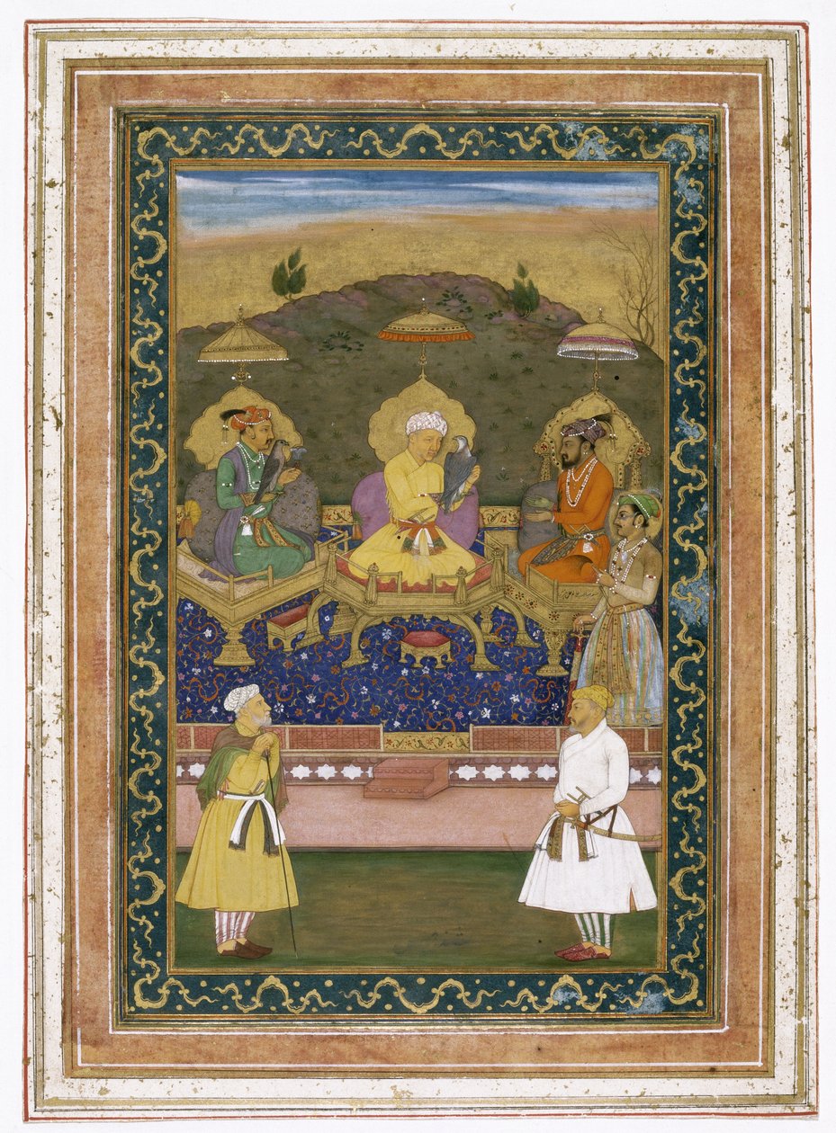 Keisarit Akbar, Jahangir ja Shah Jahan ministerineen ja prinssi Dara Shikoh, n. 1630-40 tekijältä Chitarman