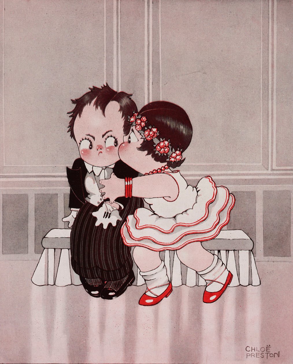 The constant nymph, The ärsyttävä suudelma, Chloe Prestonin (1887-1969) piirros, The Tatler, nro 1370, 28. syyskuuta. tekijältä Chloe Preston