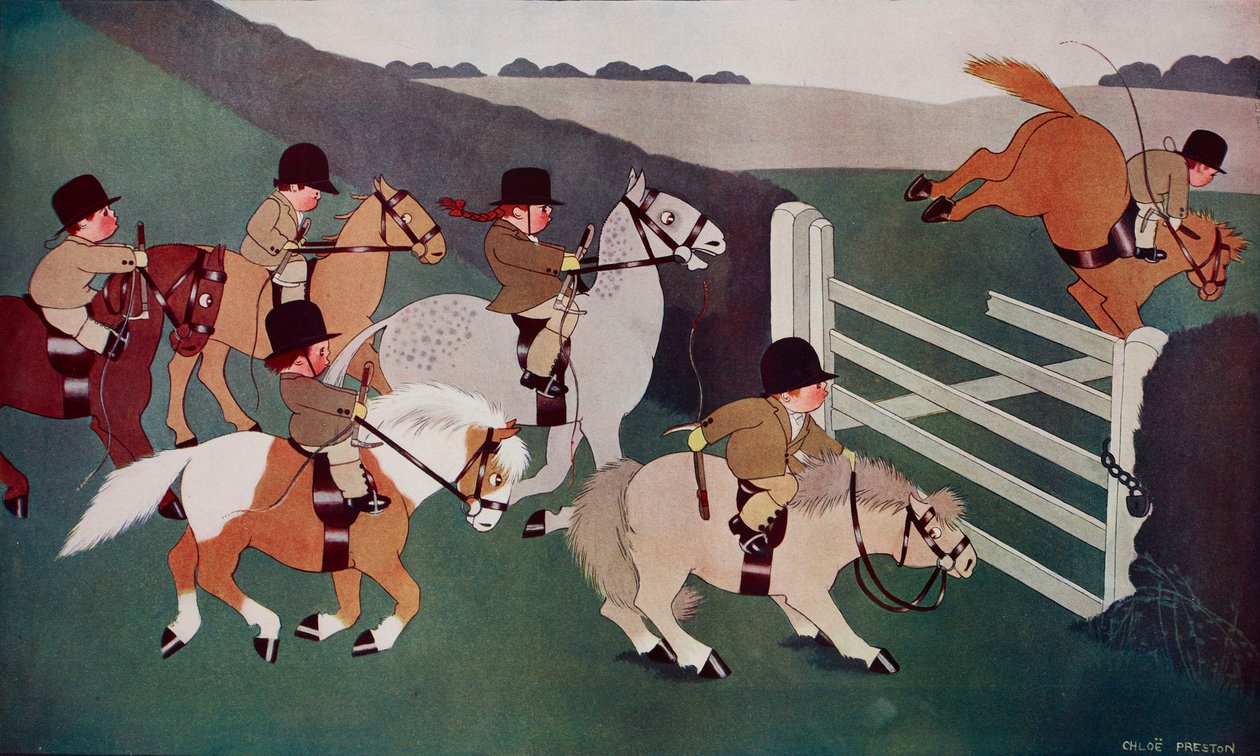 The gate crashers, jockeyt hevosen selässä, Chloe Prestonin (1887-1969) pilapiirros The Tatler -lehdestä, nro 1435, 26. joulukuuta. tekijältä Chloe Preston