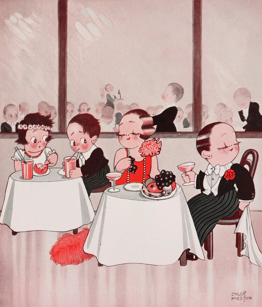 Kaupungin hiiret ja maalaishiiret, hienostuneet kansalaiset vastaan hienostumattomat maalaismiehet, ravintolakohtaus, Chloe Prestonin (1887-1969) piirros, The Tatler, nro 1384, tammikuu 4 tekijältä Chloe Preston