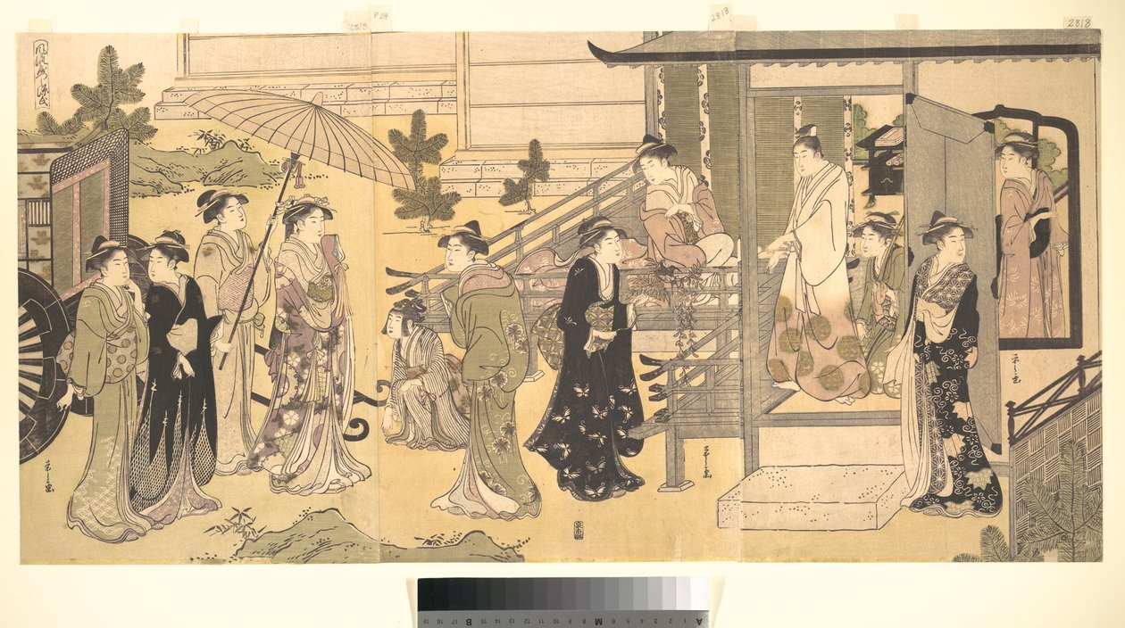 Naamioitu kohtaus Genjin tarinasta (Fūryū Yatsushi Genji), luku 33, "Sinisateen lehdet (Fuji no uraba)" tekijältä Chobunsai Eishi