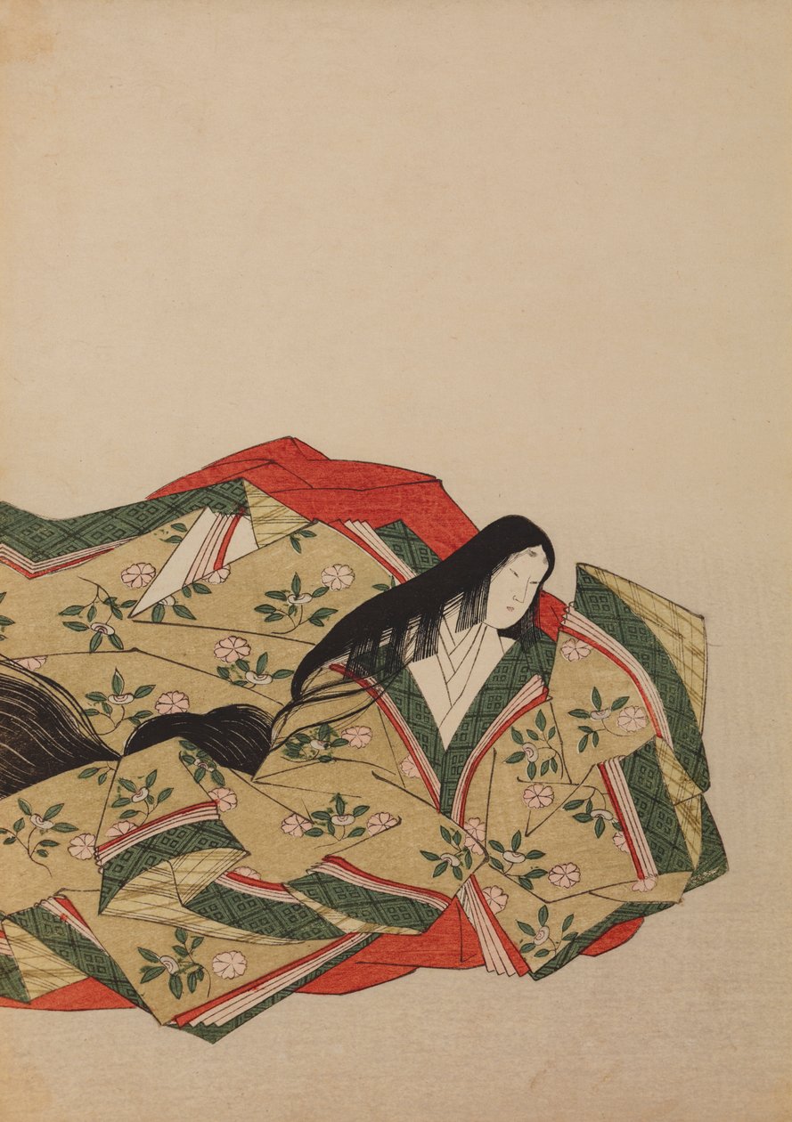 Hovineito, joka istuu oliivinharmaassa, kirsikankukkakuvioisessa kaapussa; kuva albumista: Nishiki-zuri onna sanju rokkasen e-zukushi tekijältä Chobunsai Eishi