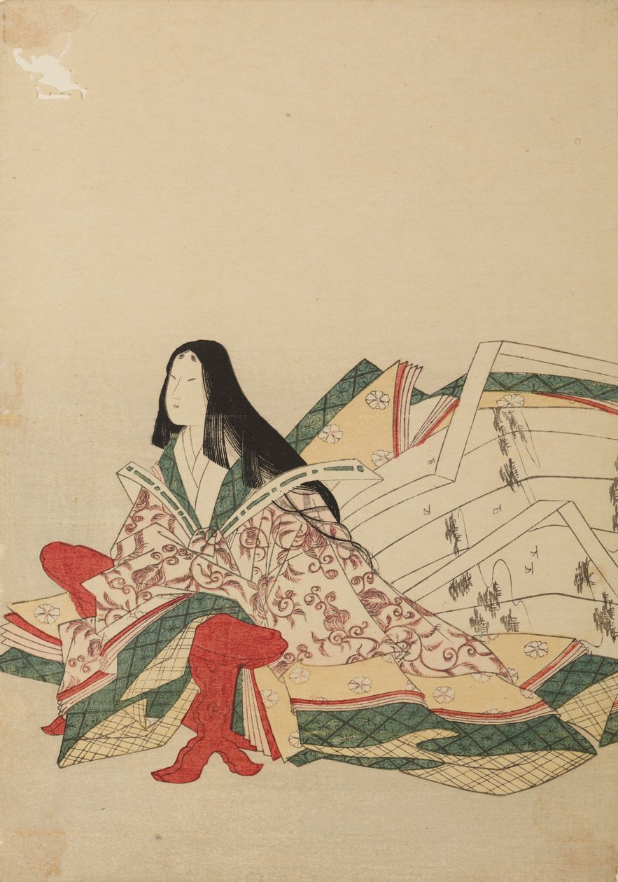 Istuva hovinaisen kuva, kyosokuun nojautuneena, kuva albumista: Kolmekymmentäkuusi naisrunoilijaa / Nishiki-zuri onna rokkasen e-zukushi tekijältä Chobunsai Eishi