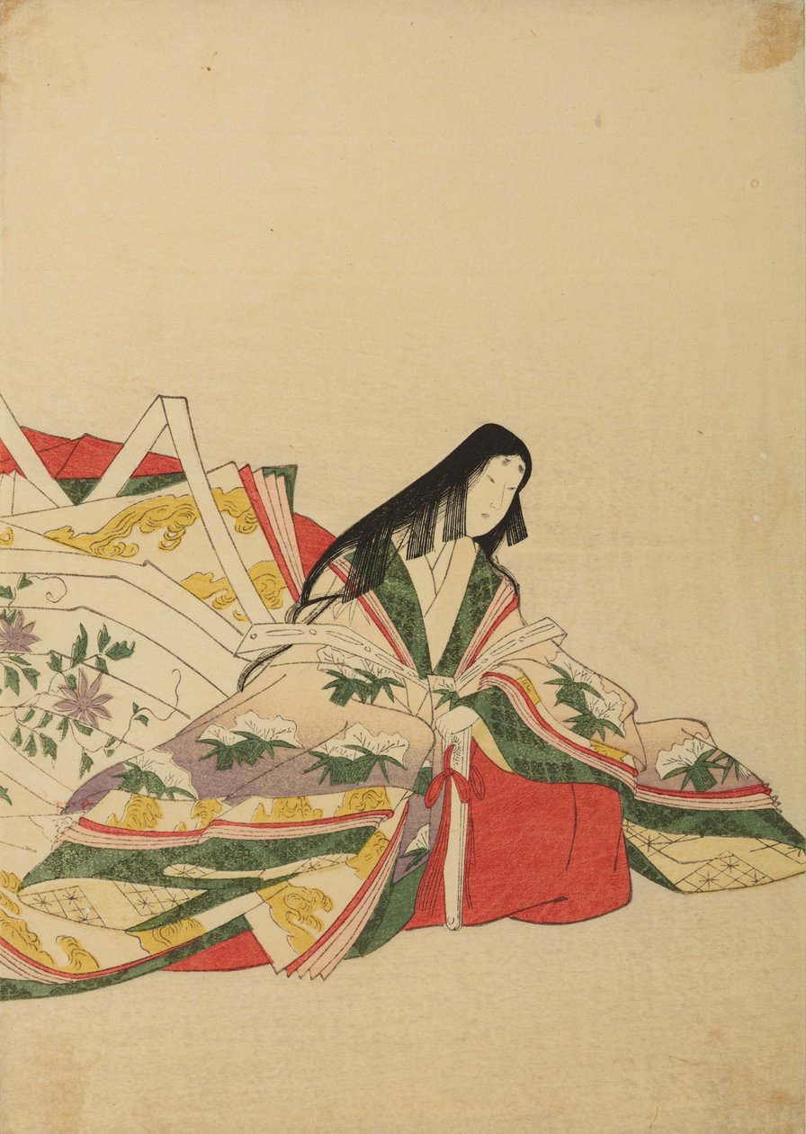 Istuva hovineito, joka nojaa viuhkaan, kuva albumista: Nishiki-zuri onna sanju rokkasen e-zukushi tekijältä Chobunsai Eishi