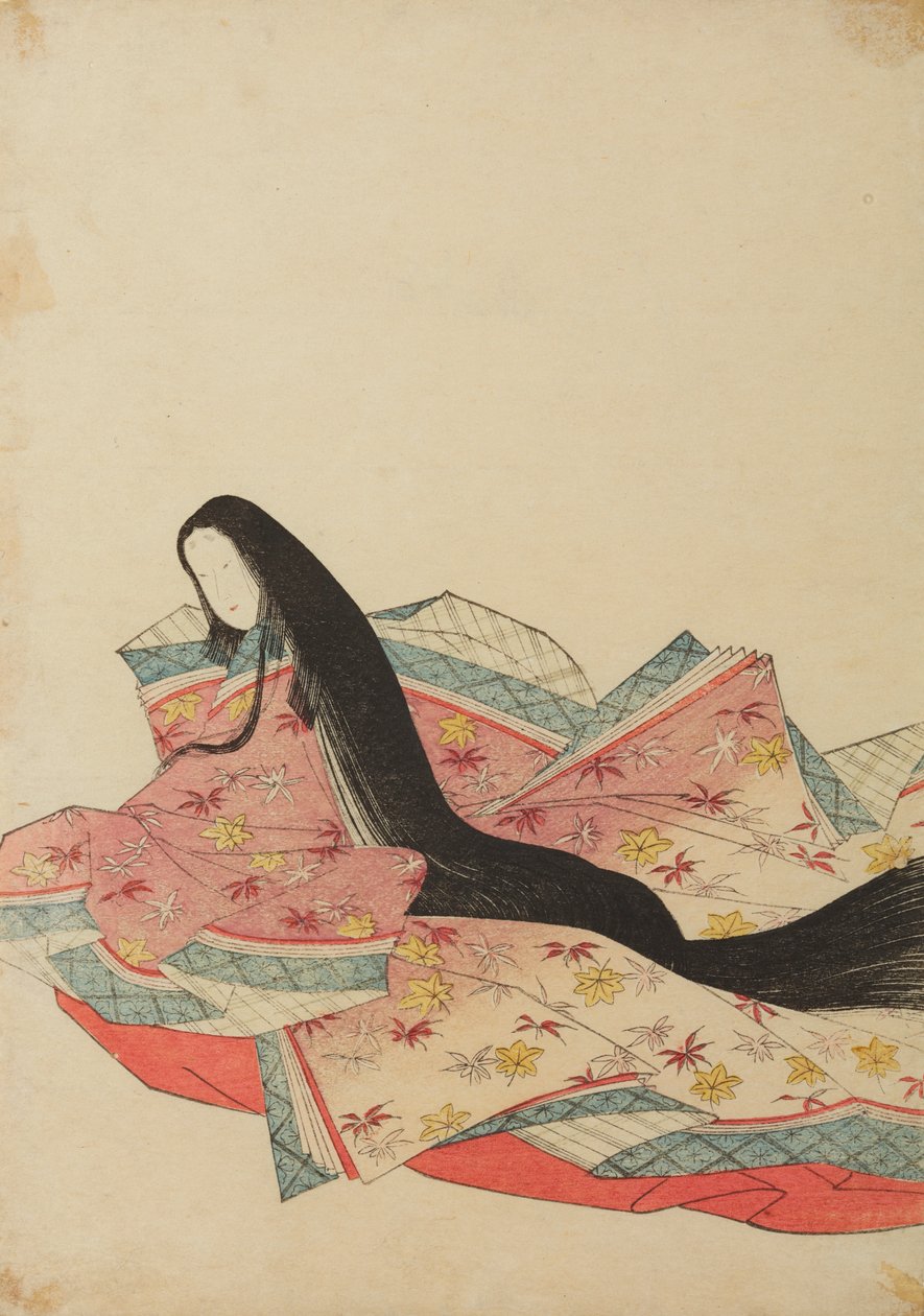 Istuva hovineito, katse vasemmalle suunnattuna, lila-vaaleanpunaisessa pukussa, kuva albumista: Nishiki-zuri onna sanju rokkasen e-zukushi tekijältä Chobunsai Eishi