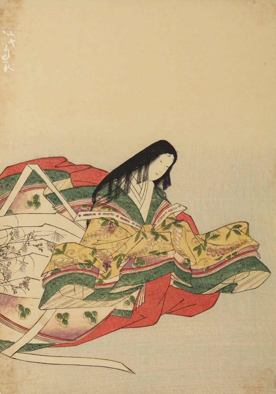 Istuva hovineito, katse oikealle, kuva albumista: Nishiki-zuri onna sanju rokkasen e-zukushi tekijältä Chobunsai Eishi